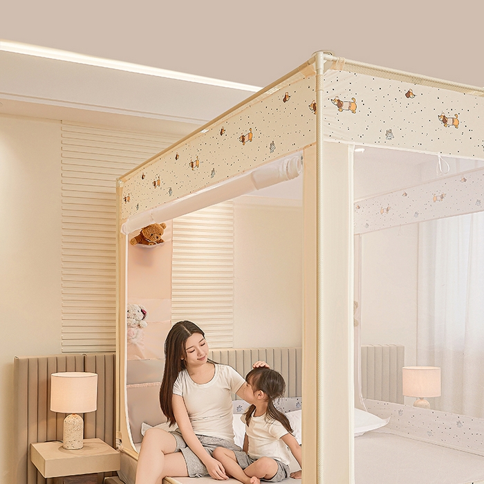 91家纺网 家纺一手货源 找家纺 青竹苑 2026新款贴布口袋款床笠底坐床蚊帐 波点狗狗