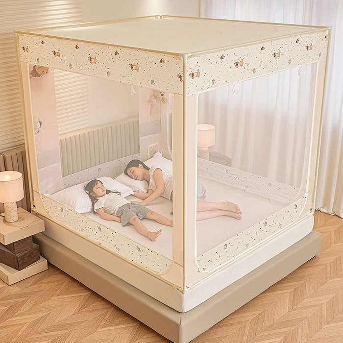 91家纺网 家纺一手货源 找家纺 青竹苑 2026新款贴布口袋款床笠底坐床蚊帐 波点狗狗