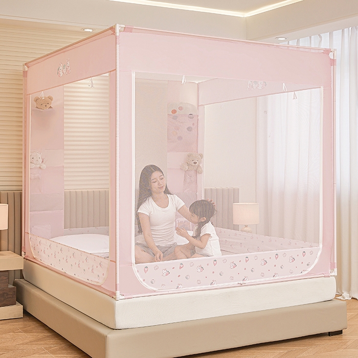 91家纺网 家纺一手货源 找家纺 青竹苑 2026新款贴布口袋款床笠底坐床蚊帐 草莓兔兔