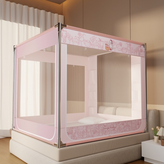 91家纺网 家纺一手货源 找家纺 青竹苑 2026新款贴布口袋款床笠底坐床蚊帐 动物聚餐