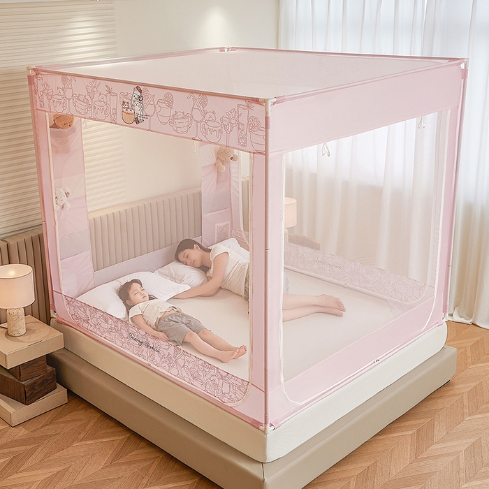 91家纺网 家纺一手货源 找家纺 青竹苑 2026新款贴布口袋款床笠底坐床蚊帐 动物聚餐