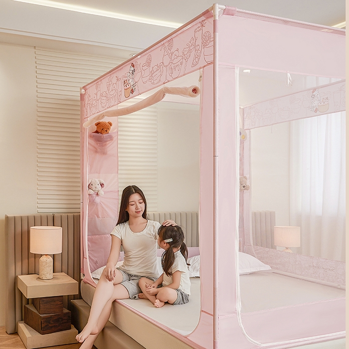 91家纺网 家纺一手货源 找家纺 青竹苑 2026新款贴布口袋款床笠底坐床蚊帐 动物聚餐