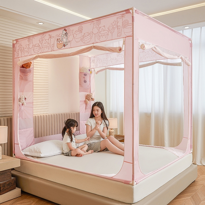 91家纺网 家纺一手货源 找家纺 青竹苑 2026新款贴布口袋款床笠底坐床蚊帐 动物聚餐