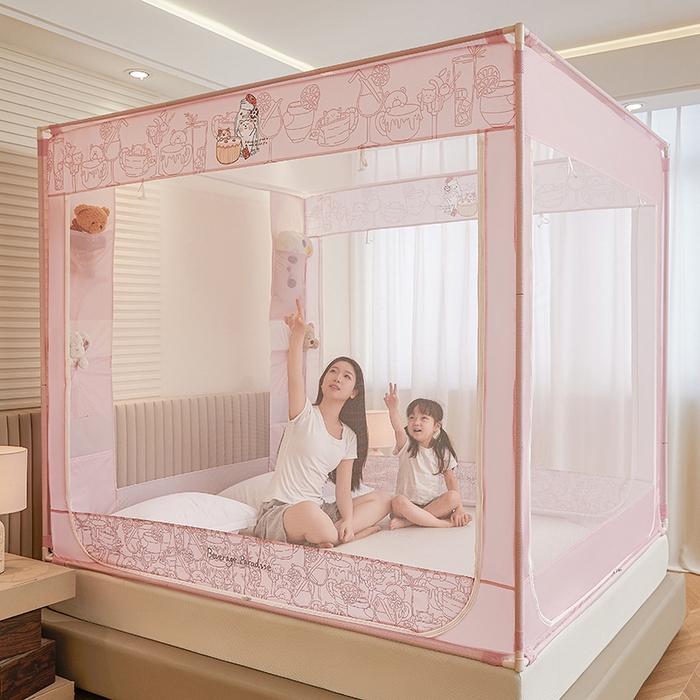 91家纺网 家纺一手货源 找家纺 青竹苑 2026新款贴布口袋款床笠底坐床蚊帐 动物聚餐