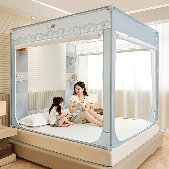 91家纺网 家纺一手货源 找家纺 青竹苑 2026新款贴布口袋款床笠底坐床蚊帐 格子兔兔