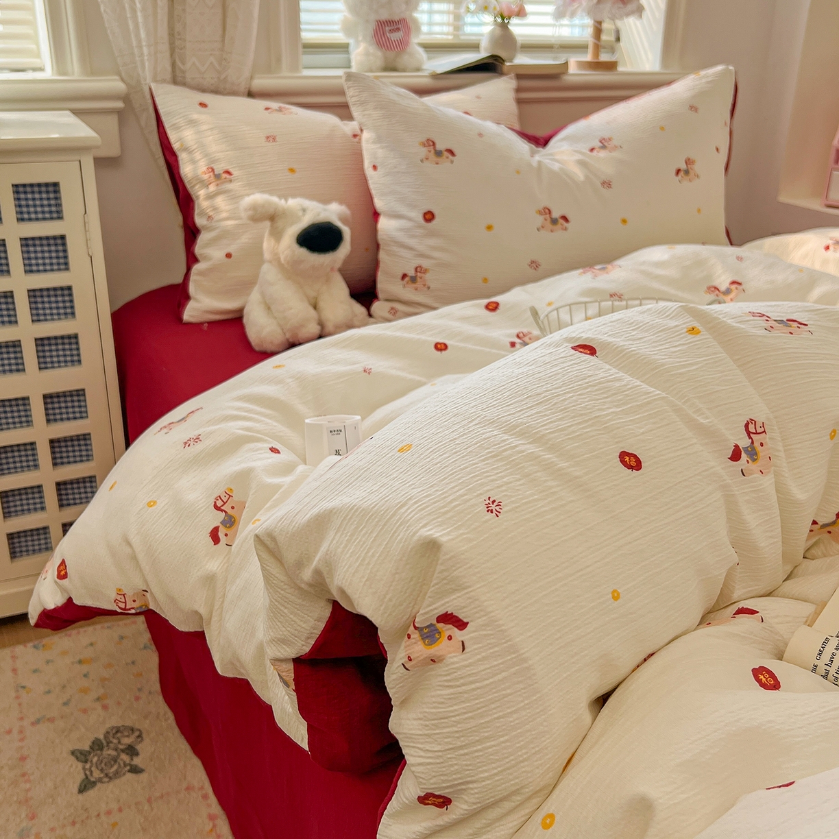 91家纺网 家纺一手货源 找家纺 金梦拉家纺 2026春夏新款云感双层纱皱皱纱系列四件套 小福马