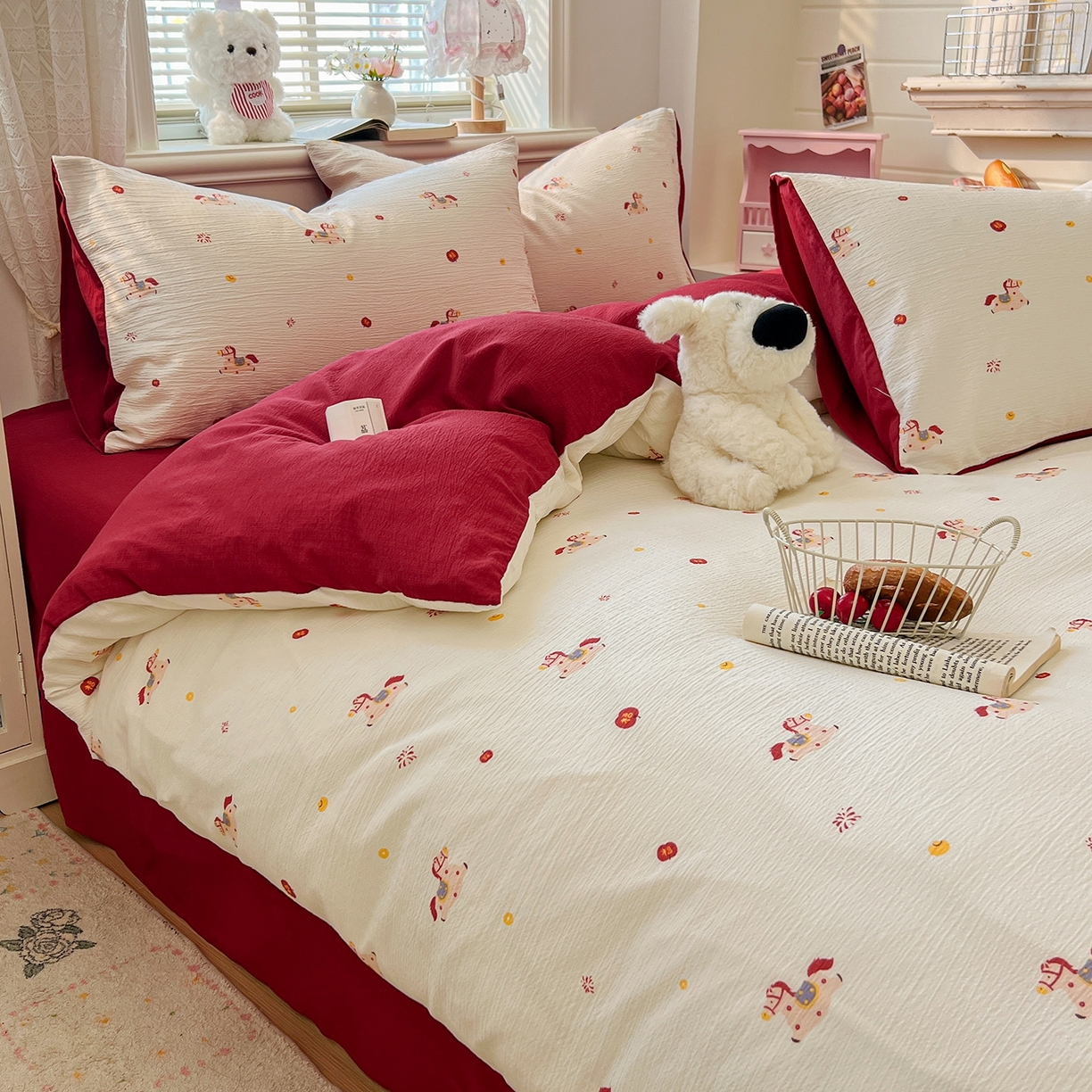 91家纺网 家纺一手货源 找家纺 金梦拉家纺 2026春夏新款云感双层纱皱皱纱系列四件套 小福马