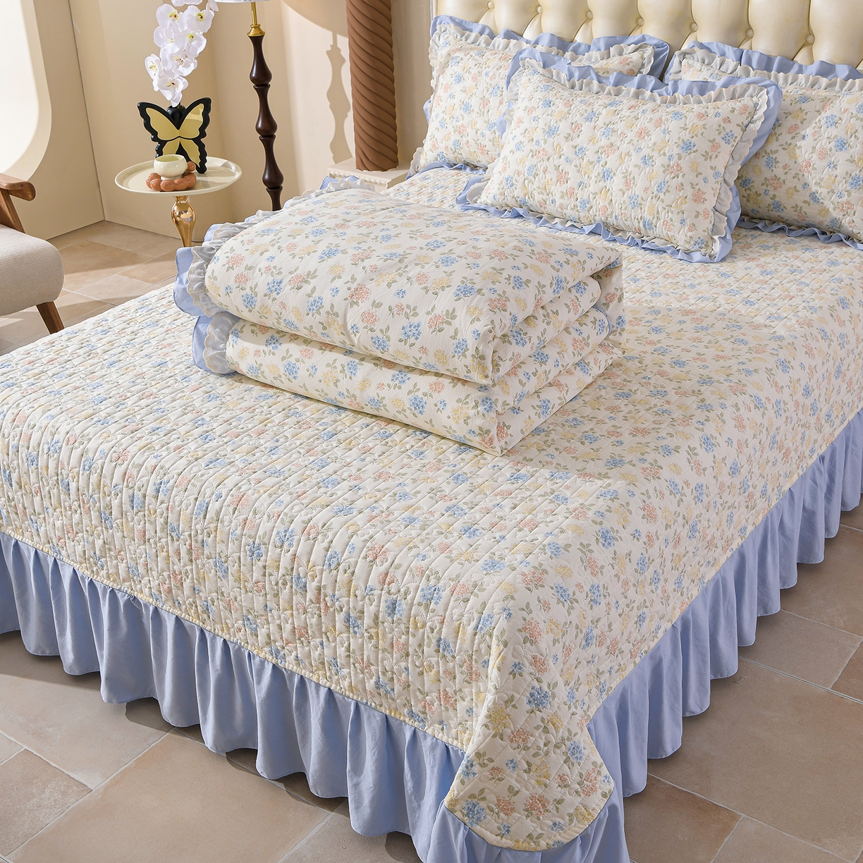 91家纺网 家纺一手货源 找家纺 金梦家居 2026新款水洗棉床盖夏被款四件套 花团锦簇