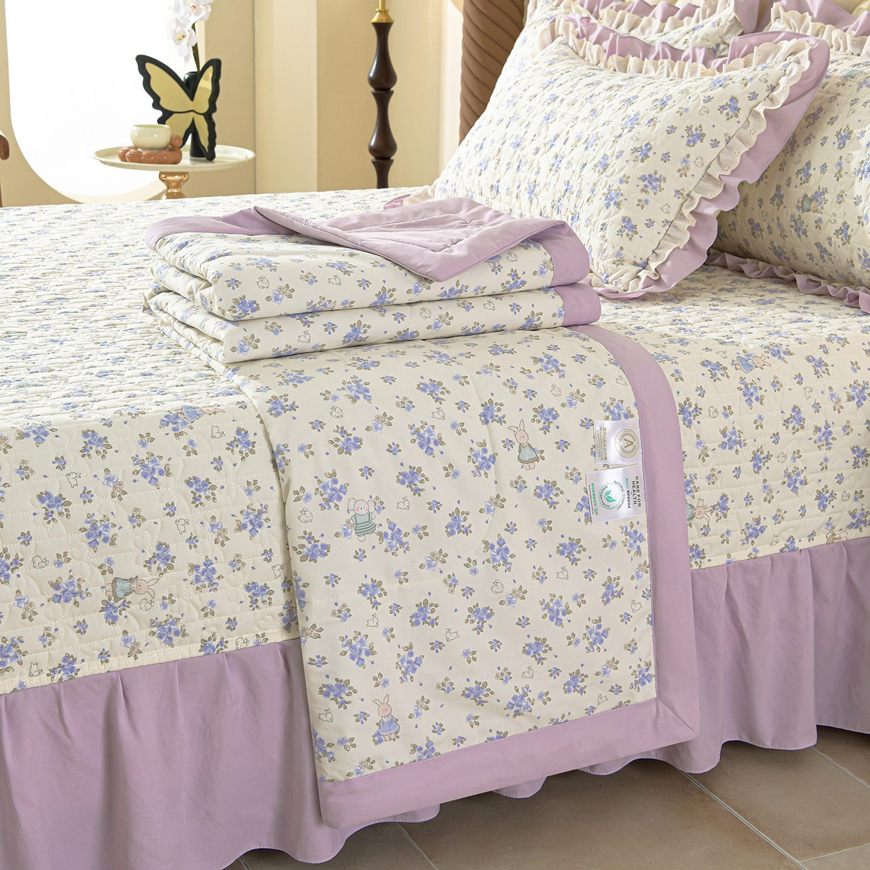 金梦家居 2026新款水洗棉床盖夏被款四件套 花香萌兔