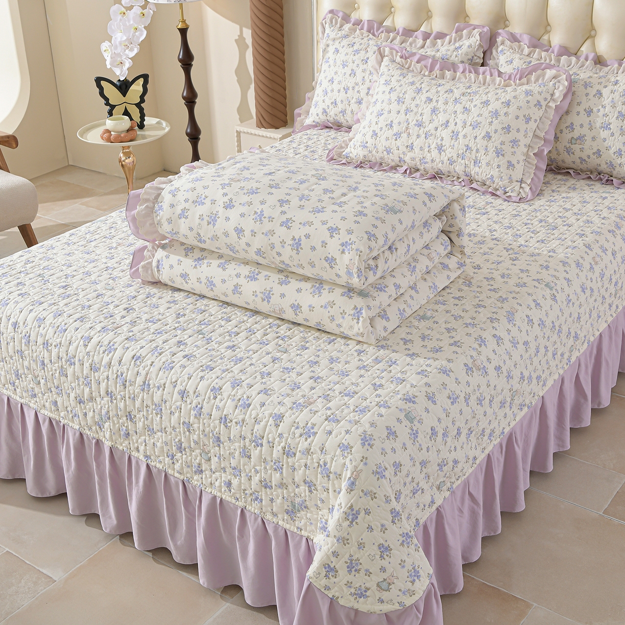 91家纺网 家纺一手货源 找家纺 金梦家居 2026新款水洗棉床盖夏被款四件套 花香萌兔