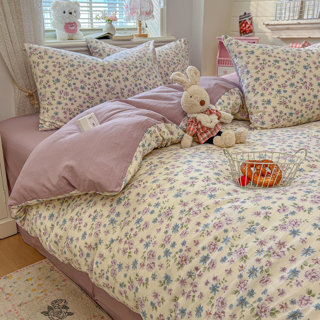 91家纺网 家纺一手货源 找家纺 金梦拉家纺 2026春夏新款云感双层纱皱皱纱系列四件套 紫韵花茶