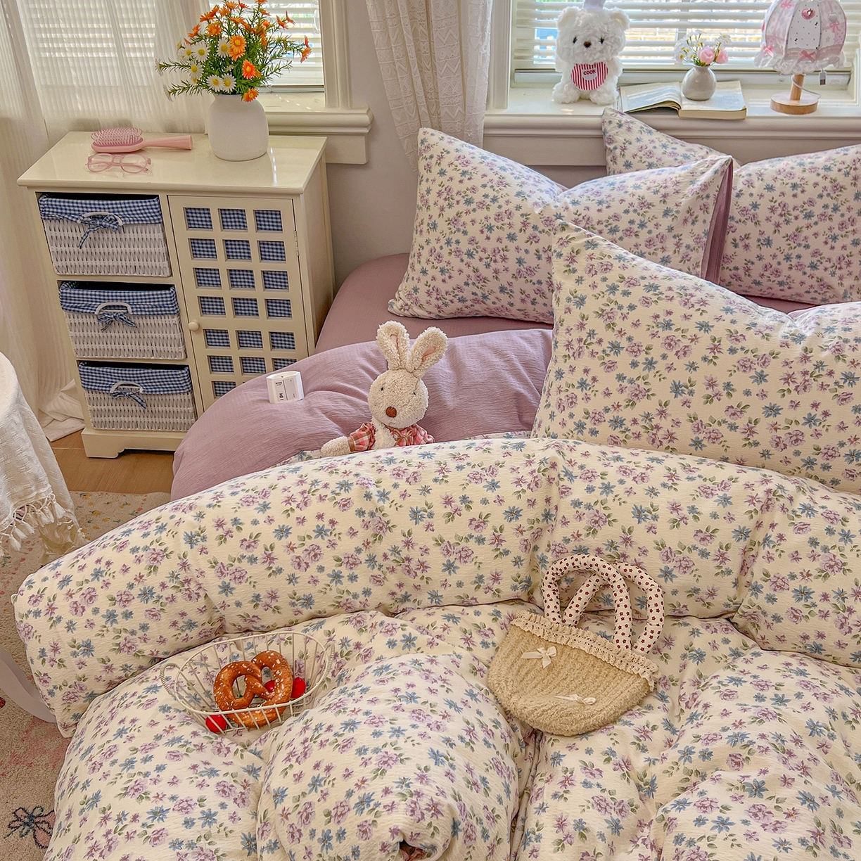 91家纺网 家纺一手货源 找家纺 金梦拉家纺 2026春夏新款云感双层纱皱皱纱系列四件套 紫韵花茶