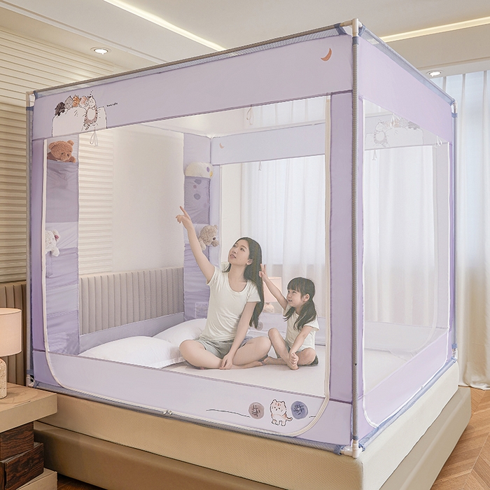 91家纺网 家纺一手货源 找家纺 青竹苑 2026新款贴布口袋款床笠底坐床蚊帐 猫猫晚安