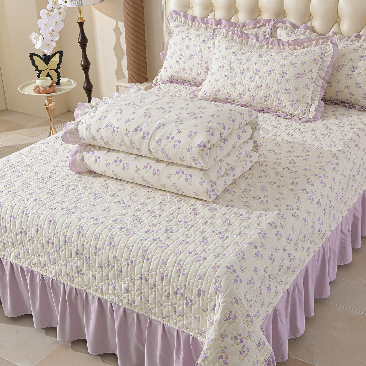 91家纺网 家纺一手货源 找家纺 金梦家居 2026新款水洗棉床盖夏被款四件套 紫韵花开