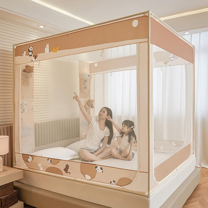 91家纺网 家纺一手货源 找家纺 青竹苑 2026新款贴布口袋款床笠底坐床蚊帐 萌宠出道