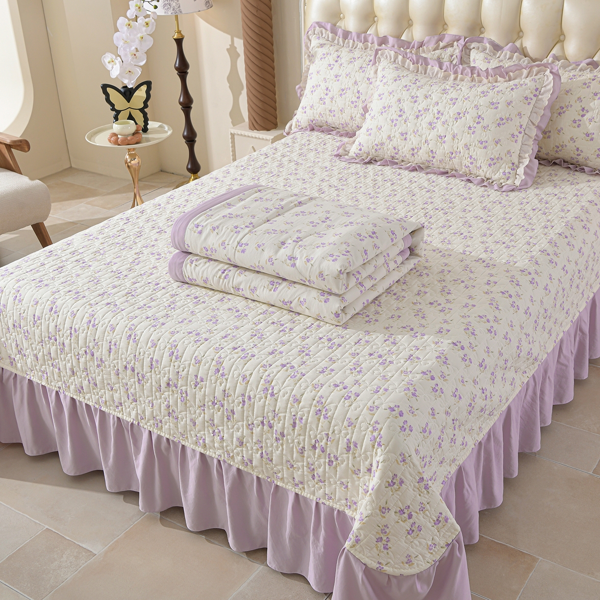 91家纺网 家纺一手货源 找家纺 金梦家居 2026新款水洗棉床盖夏被款四件套 紫韵花开