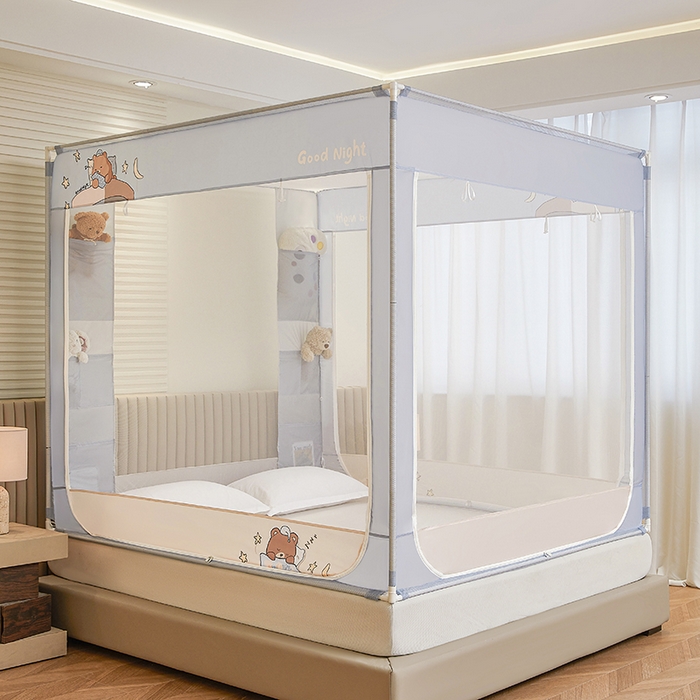 91家纺网 家纺一手货源 找家纺 青竹苑 2026新款贴布口袋款床笠底坐床蚊帐 睡觉熊熊