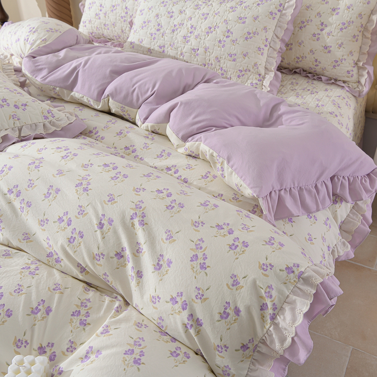 91家纺网 家纺一手货源 找家纺 金梦家居 2026新款水洗棉床盖夏被款四件套 紫韵花开