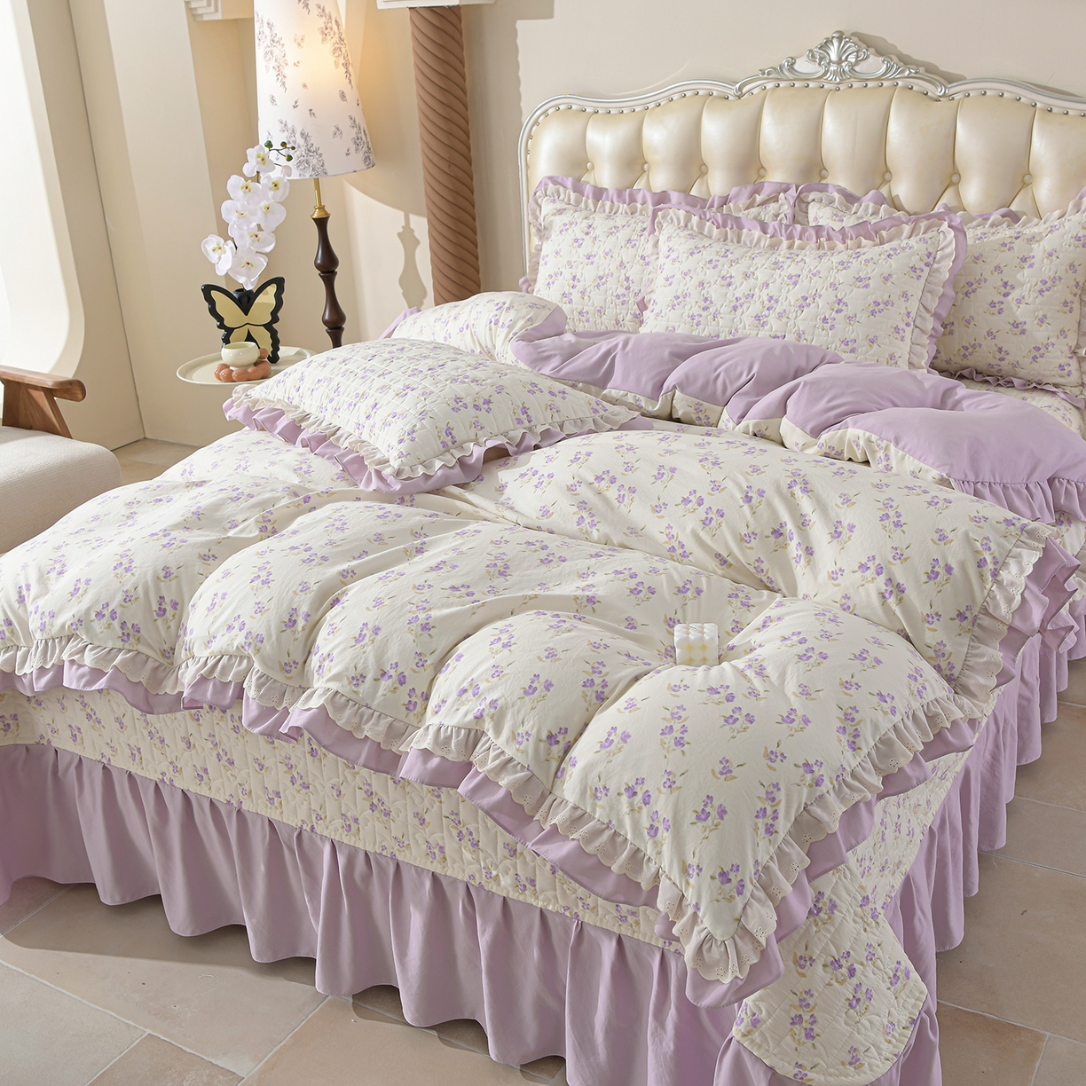 91家纺网 家纺一手货源 找家纺 金梦家居 2026新款水洗棉床盖夏被款四件套 紫韵花开