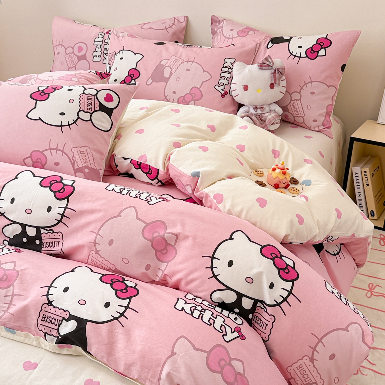 91家纺网 家纺一手货源 找家纺 女子家纺 2026新款40支100%纯棉全棉13070斜纹四件套 kitty 粉