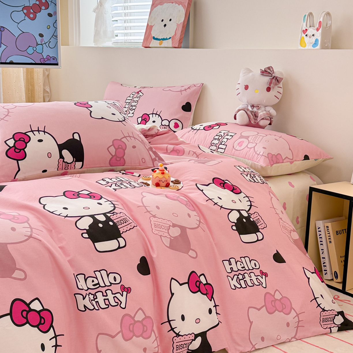 91家纺网 家纺一手货源 找家纺 女子家纺 2026新款40支100%纯棉全棉13070斜纹四件套 kitty 粉