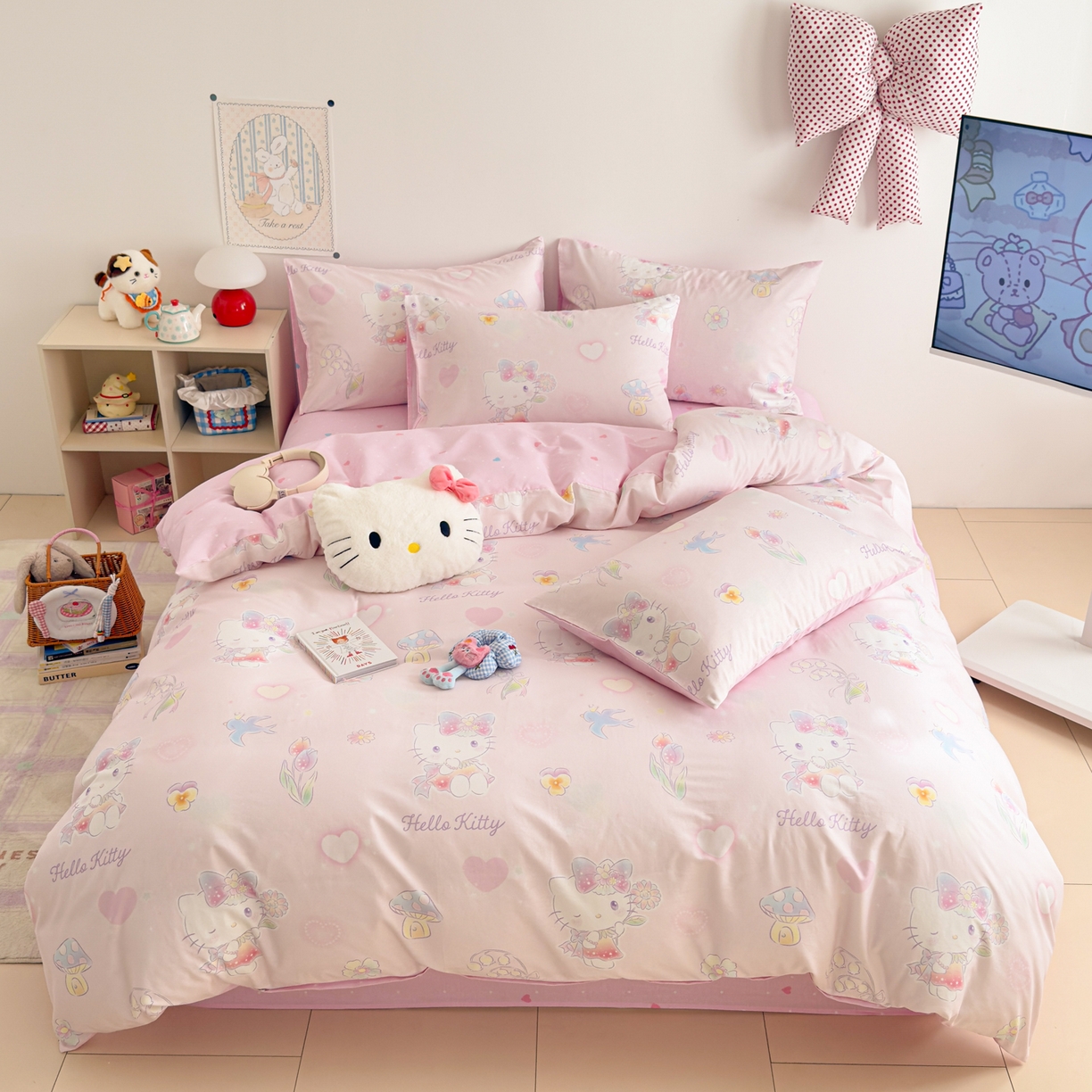 91家纺网 家纺一手货源 找家纺 女子家纺 2026新款40支100%纯棉全棉13070斜纹四件套 甜心kitty 粉