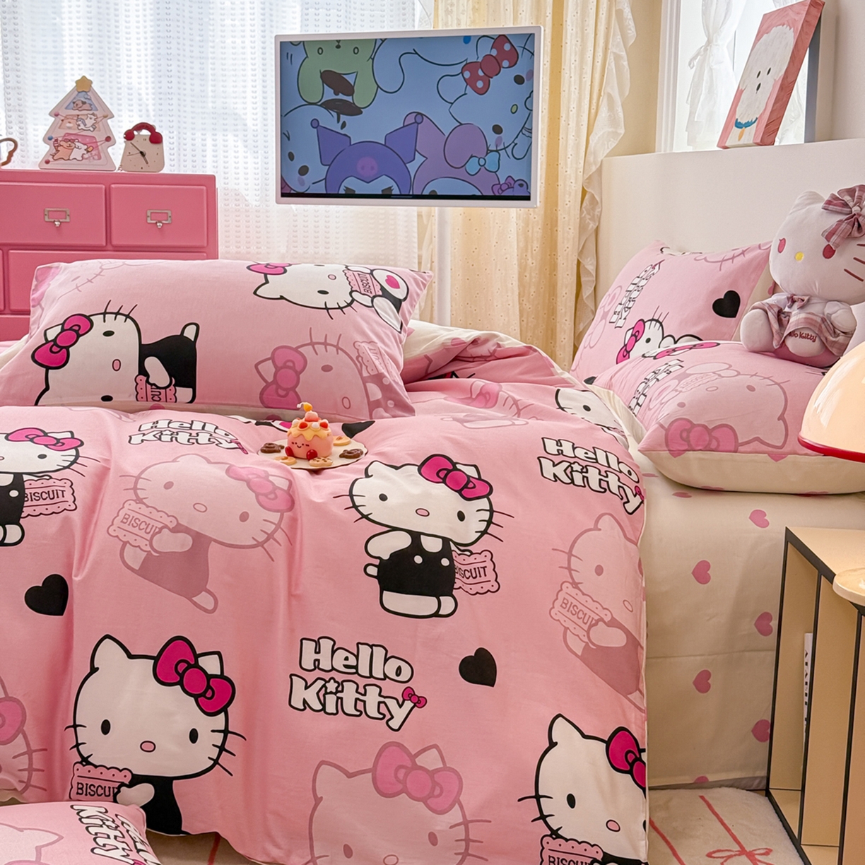 91家纺网 家纺一手货源 找家纺 女子家纺 2026新款40支100%纯棉全棉13070斜纹四件套 kitty 粉