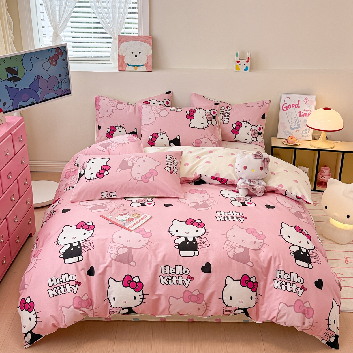 女子家纺 2026新款40支100%纯棉全棉13070斜纹四件套 kitty 粉