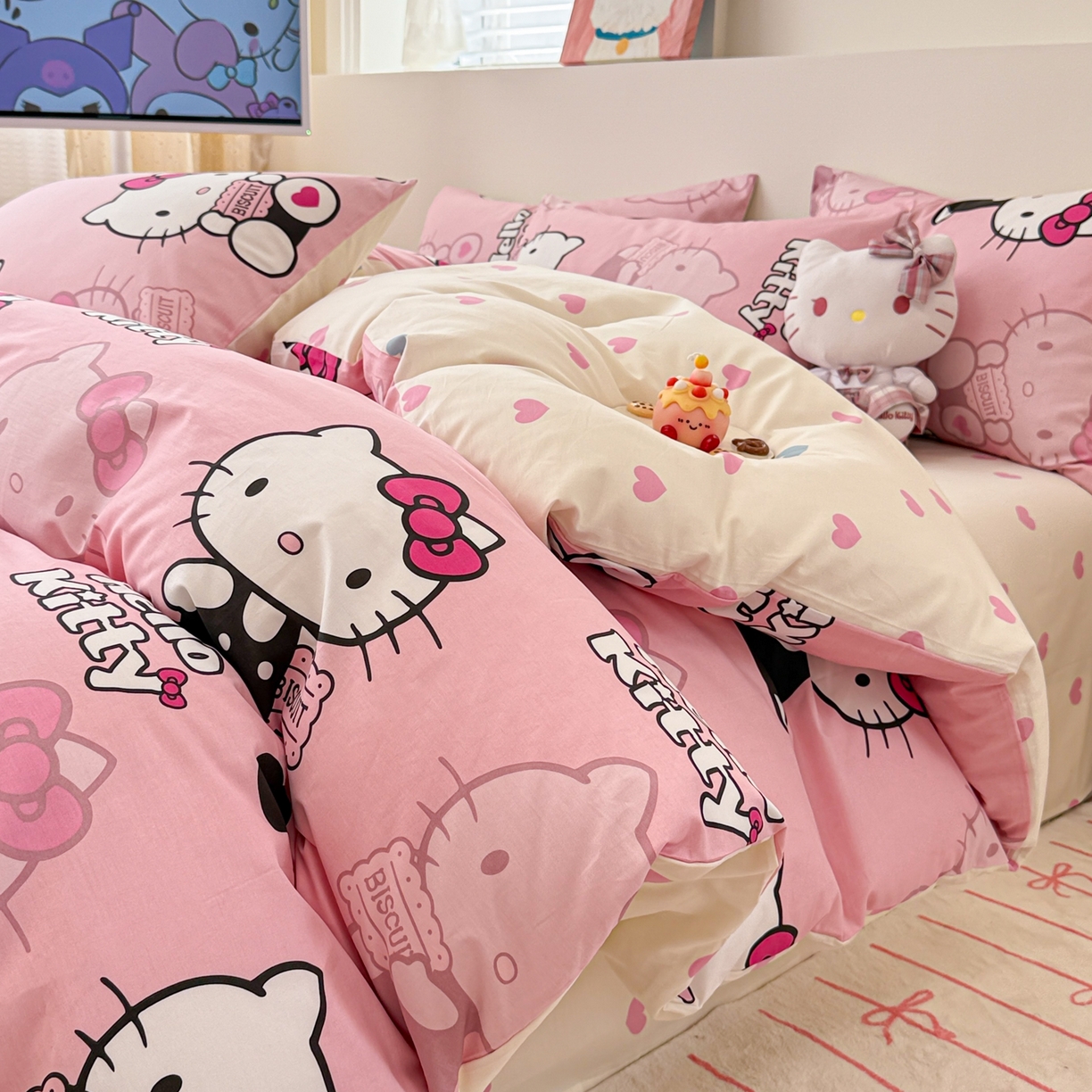 91家纺网 家纺一手货源 找家纺 女子家纺 2026新款40支100%纯棉全棉13070斜纹四件套 kitty 粉