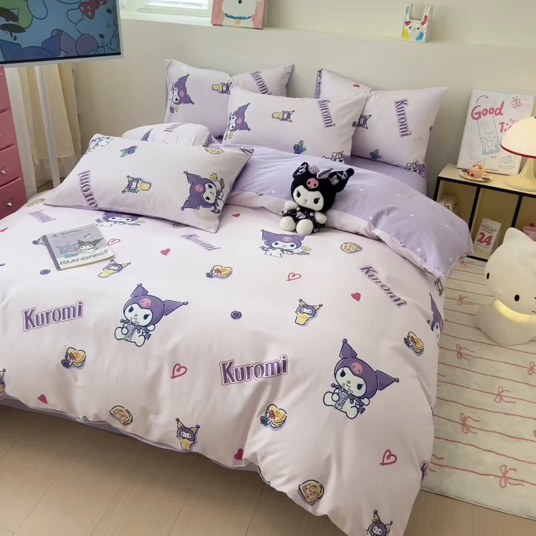 91家纺网 家纺一手货源 找家纺 女子家纺 2026新款40支100%纯棉全棉13070斜纹四件套 甜甜库洛米