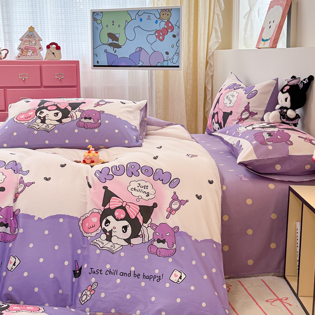 91家纺网 家纺一手货源 找家纺 女子家纺 2026新款40支100%纯棉全棉13070斜纹四件套 库洛米紫