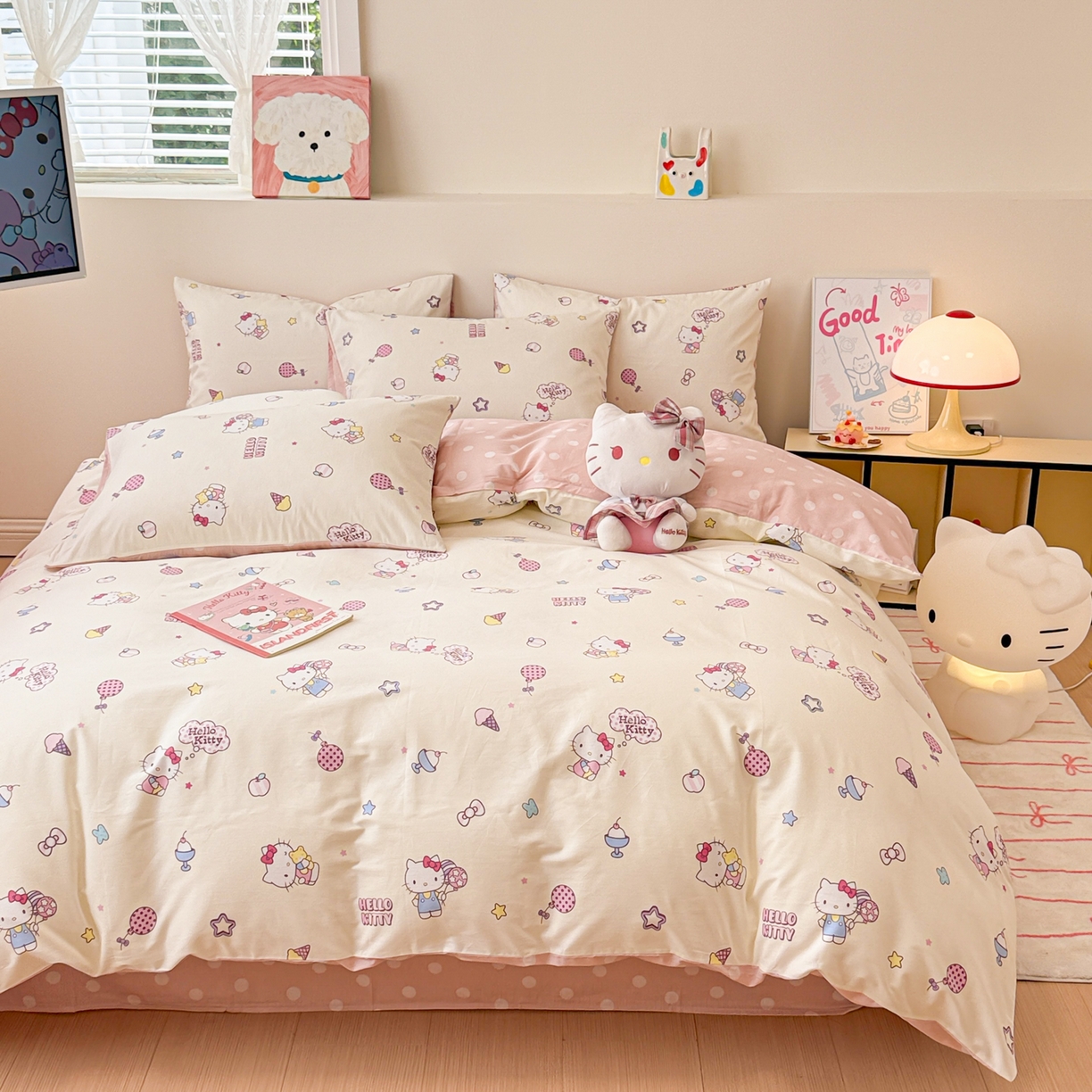 91家纺网 家纺一手货源 找家纺 女子家纺 2026新款40支100%纯棉全棉13070斜纹四件套 hello kitty