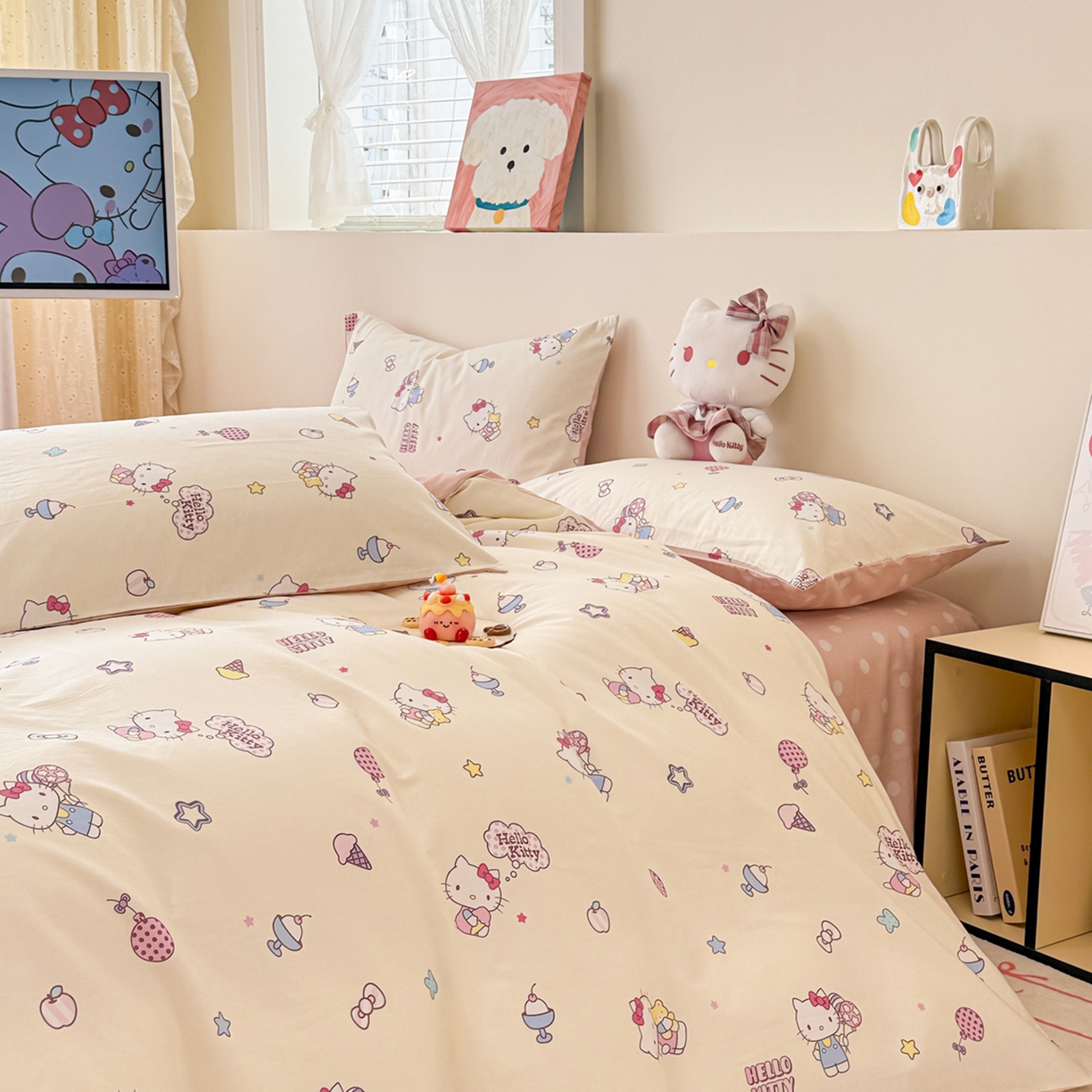 91家纺网 家纺一手货源 找家纺 女子家纺 2026新款40支100%纯棉全棉13070斜纹四件套 hello kitty