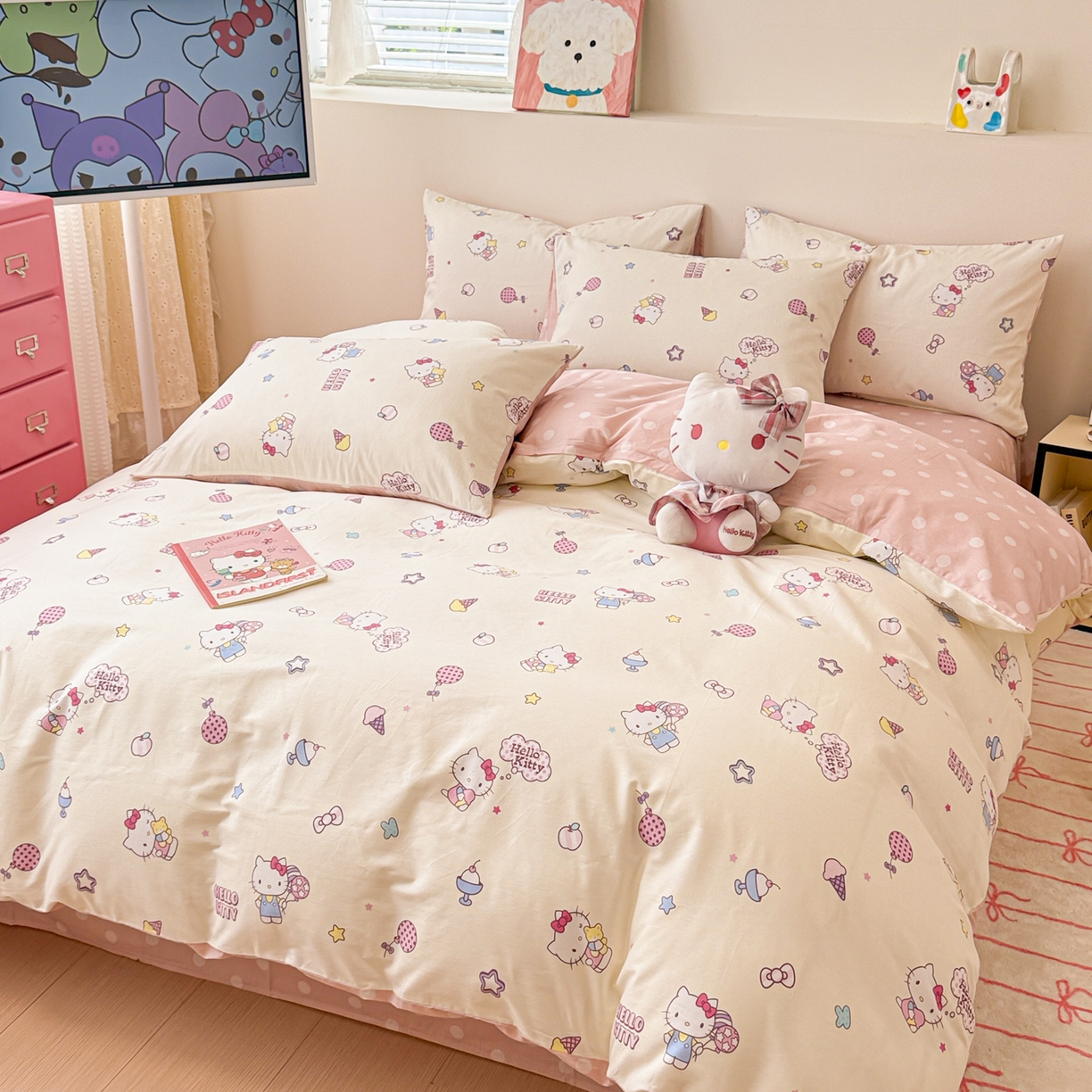 91家纺网 家纺一手货源 找家纺 女子家纺 2026新款40支100%纯棉全棉13070斜纹四件套 hello kitty