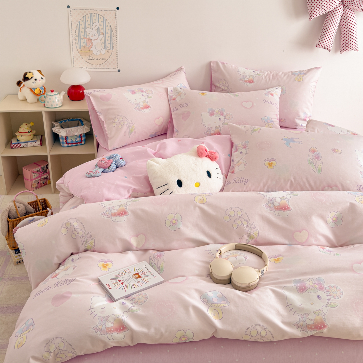 91家纺网 家纺一手货源 找家纺 女子家纺 2026新款40支100%纯棉全棉13070斜纹四件套 甜心kitty 粉