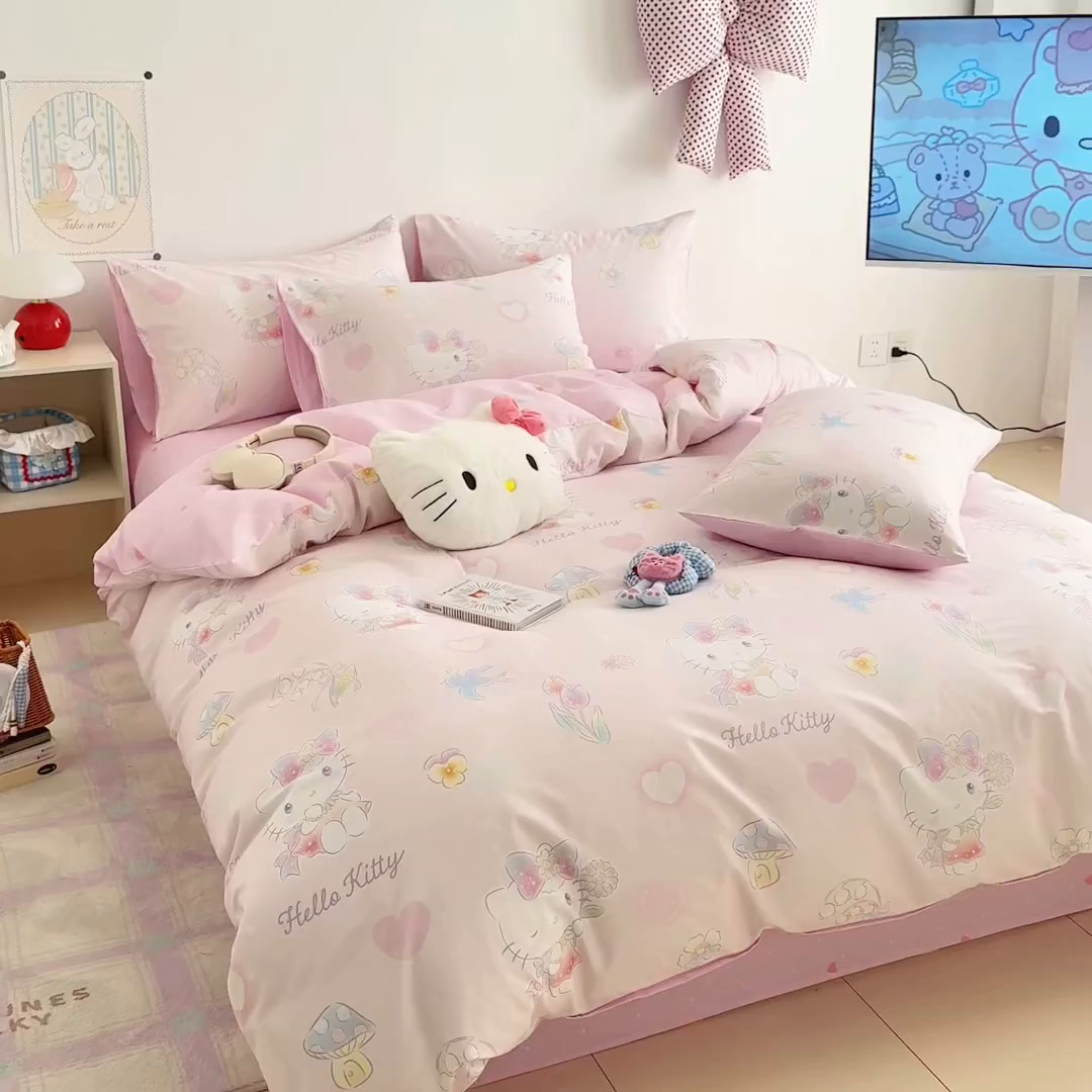 91家纺网 家纺一手货源 找家纺 女子家纺 2026新款40支100%纯棉全棉13070斜纹四件套 甜心kitty 粉