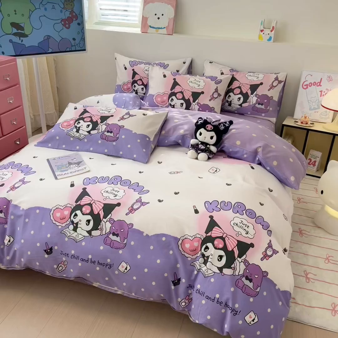 91家纺网 家纺一手货源 找家纺 女子家纺 2026新款40支100%纯棉全棉13070斜纹四件套 库洛米紫