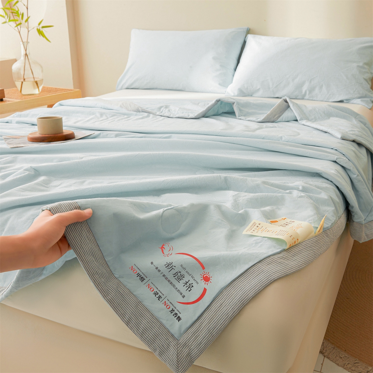 91家纺网 家纺一手货源 找家纺 招财星家纺 2026新款新疆棉花夏被空调被可机洗夏凉被棉花被子春秋被（提供质检报告买家秀） 蔓韵-浅蓝