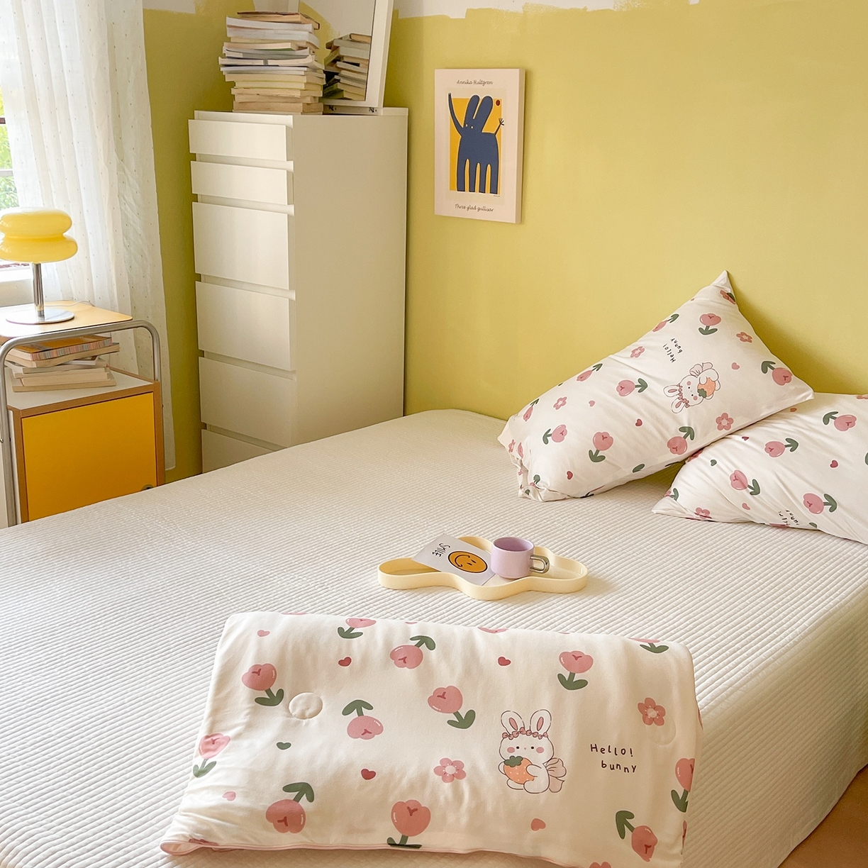 91家纺网 家纺一手货源 找家纺 咏绒家纺工厂店 厂家直销网销爆款花型永不断货2025春夏新款A类牛奶针织棉大豆夏被（长期款） 郁金香兔