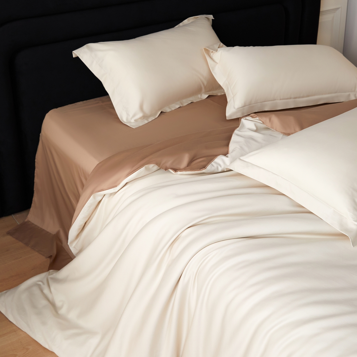 91家纺网 家纺一手货源 找家纺 梧桐树 2026新款60S纯色全棉纯棉长绒棉系列四件套 60S纯色长绒棉-米香槟