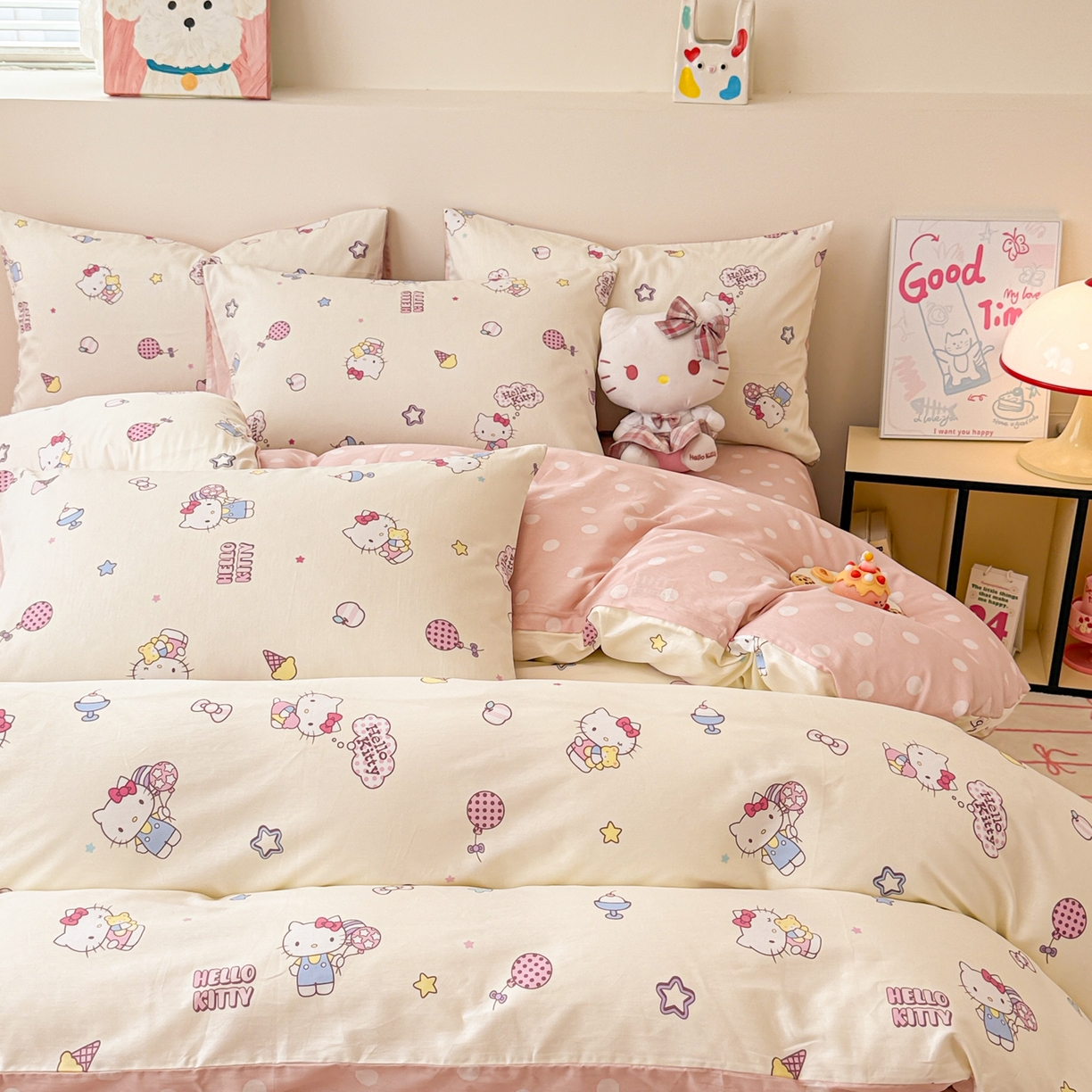 91家纺网 家纺一手货源 找家纺 女子家纺 2026新款40支100%纯棉全棉13070斜纹四件套 hello kitty