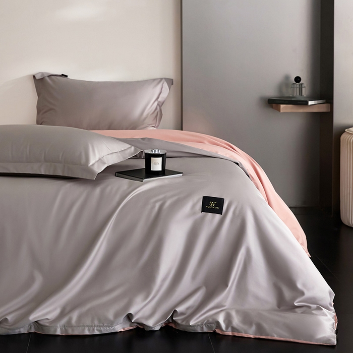 91家纺网 家纺一手货源 找家纺 梧桐树 2026新款60S纯色全棉纯棉长绒棉系列四件套 60S纯色长绒棉-银灰+粉