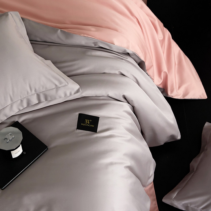 91家纺网 家纺一手货源 找家纺 梧桐树 2026新款60S纯色全棉纯棉长绒棉系列四件套 60S纯色长绒棉-银灰+粉