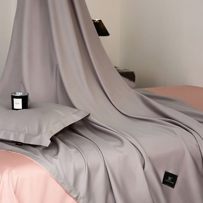 91家纺网 家纺一手货源 找家纺 梧桐树 2026新款60S纯色全棉纯棉长绒棉系列四件套 60S纯色长绒棉-银灰+粉