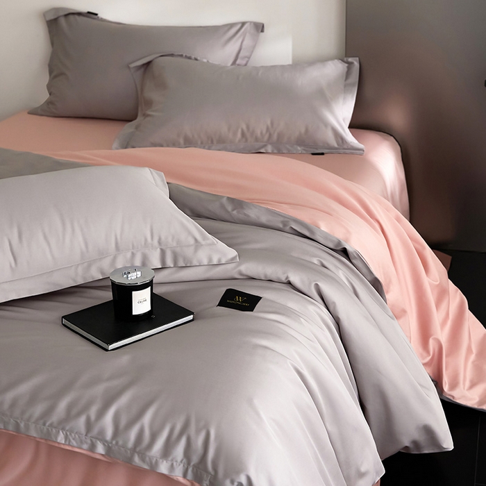 91家纺网 家纺一手货源 找家纺 梧桐树 2026新款60S纯色全棉纯棉长绒棉系列四件套 60S纯色长绒棉-银灰+粉