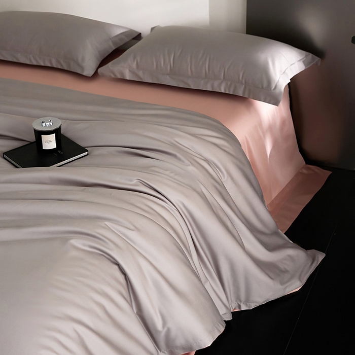 91家纺网 家纺一手货源 找家纺 梧桐树 2026新款60S纯色全棉纯棉长绒棉系列四件套 60S纯色长绒棉-银灰+粉