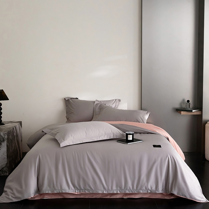 91家纺网 家纺一手货源 找家纺 梧桐树 2026新款60S纯色全棉纯棉长绒棉系列四件套 60S纯色长绒棉-银灰+粉