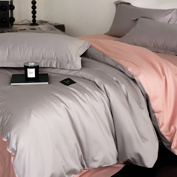 91家纺网 家纺一手货源 找家纺 梧桐树 2026新款60S纯色全棉纯棉长绒棉系列四件套 60S纯色长绒棉-银灰+粉