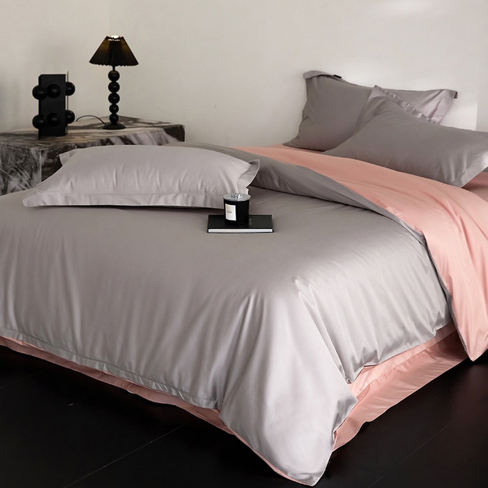 91家纺网 家纺一手货源 找家纺 梧桐树 2026新款60S纯色全棉纯棉长绒棉系列四件套 60S纯色长绒棉-银灰+粉