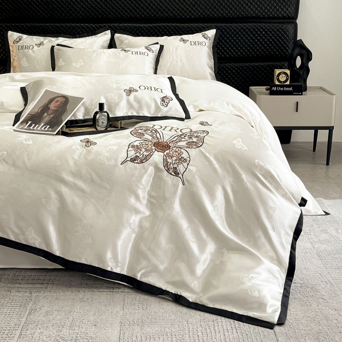 91家纺网 家纺一手货源 找家纺 金牛座家纺 2026新款贡缎亮丝提花刺绣四件套-蝶韵 蝶韵-奶白